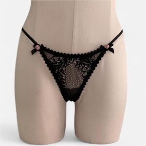 Agent Provocateur Black Lace G-String with Pink Bow Details